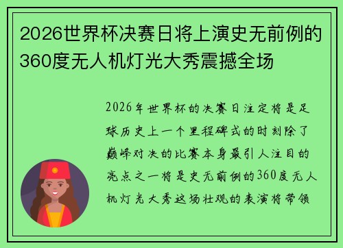 2026世界杯决赛日将上演史无前例的360度无人机灯光大秀震撼全场